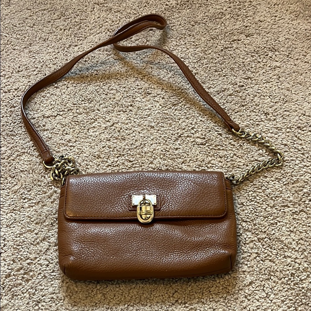 Brown Leather Crossbody Bag with Gold Chain